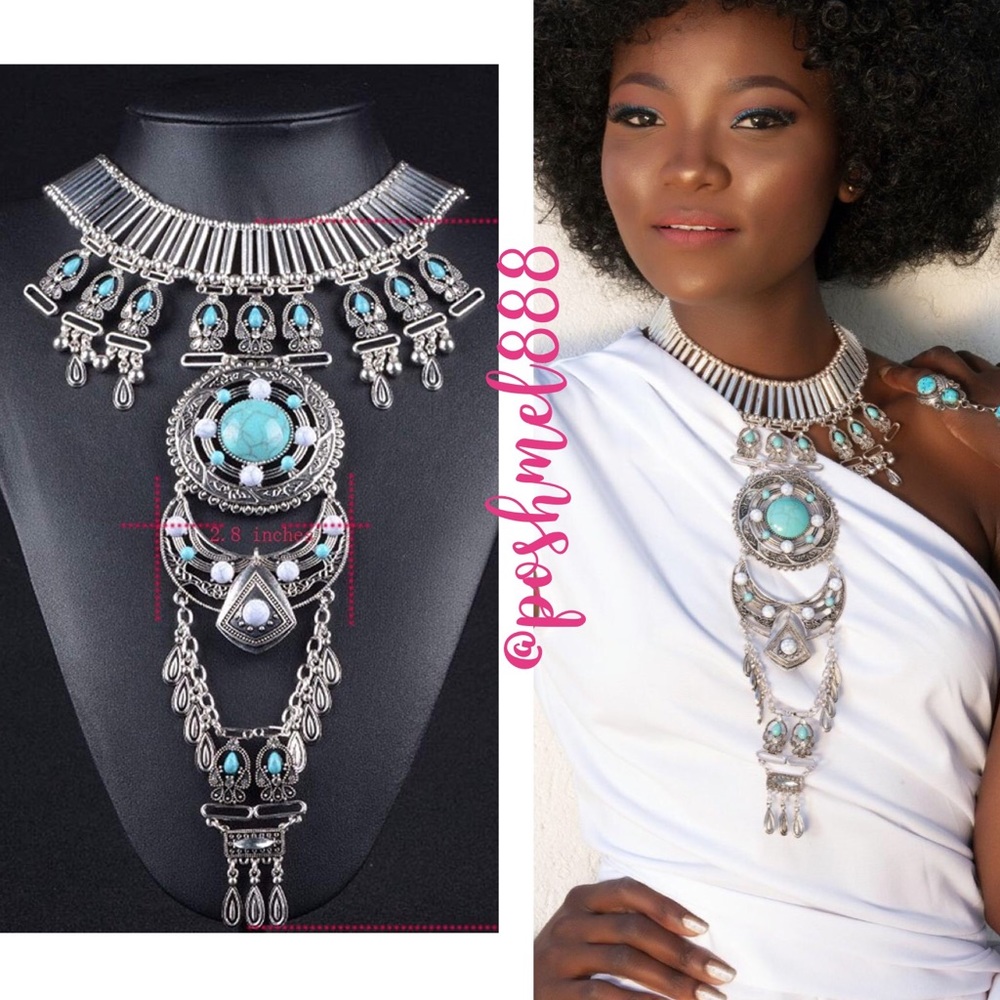 .::GoddessWear::. Exotic Turquoise+Silver Bib NEW Statement Necklace - Picture 8 of 16
